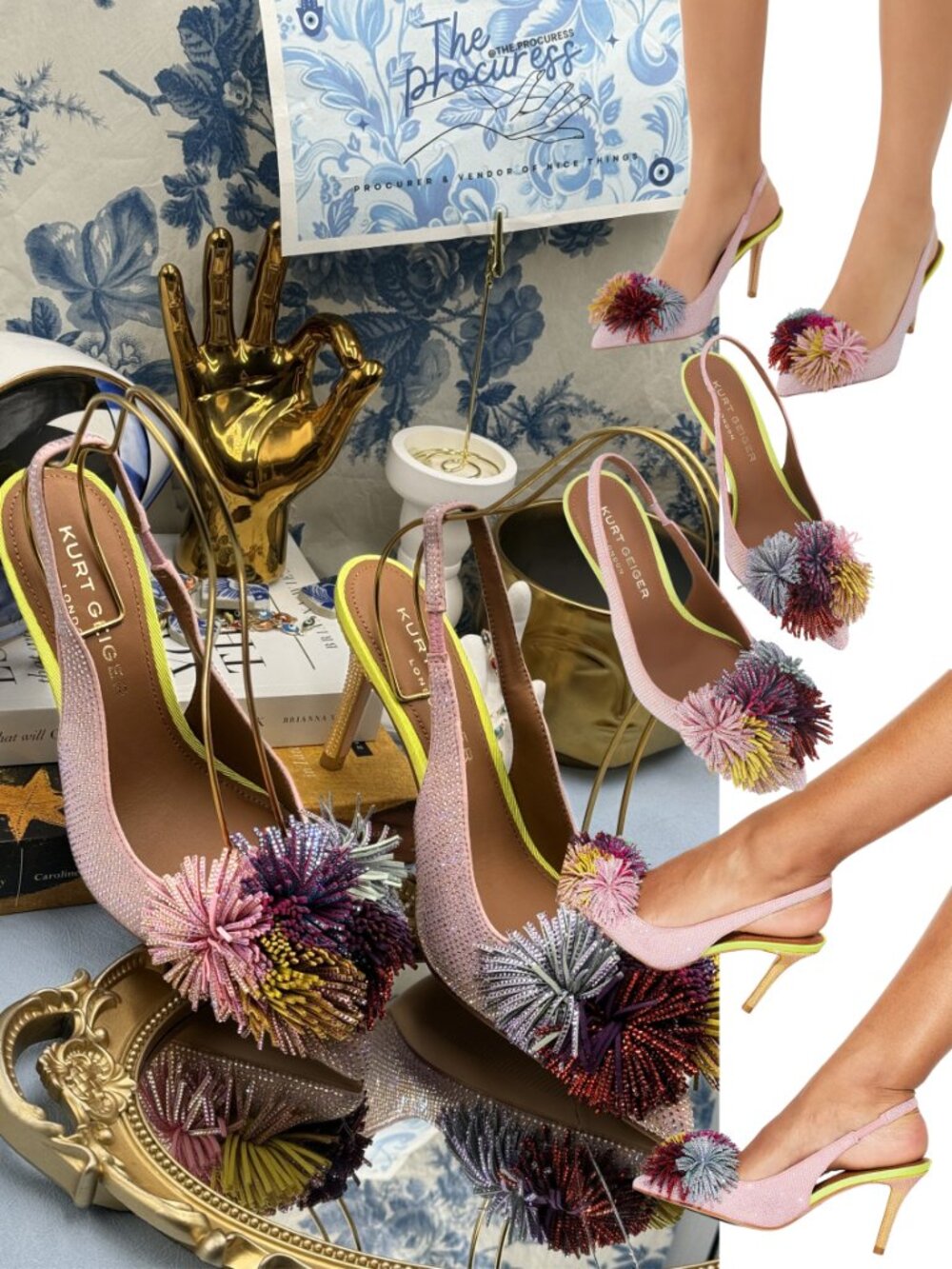 🆕 KURT GEIGER LONDON 🧿 NWOB PomPom Sling Back Heeled Pump - Sz EU 37 US 7